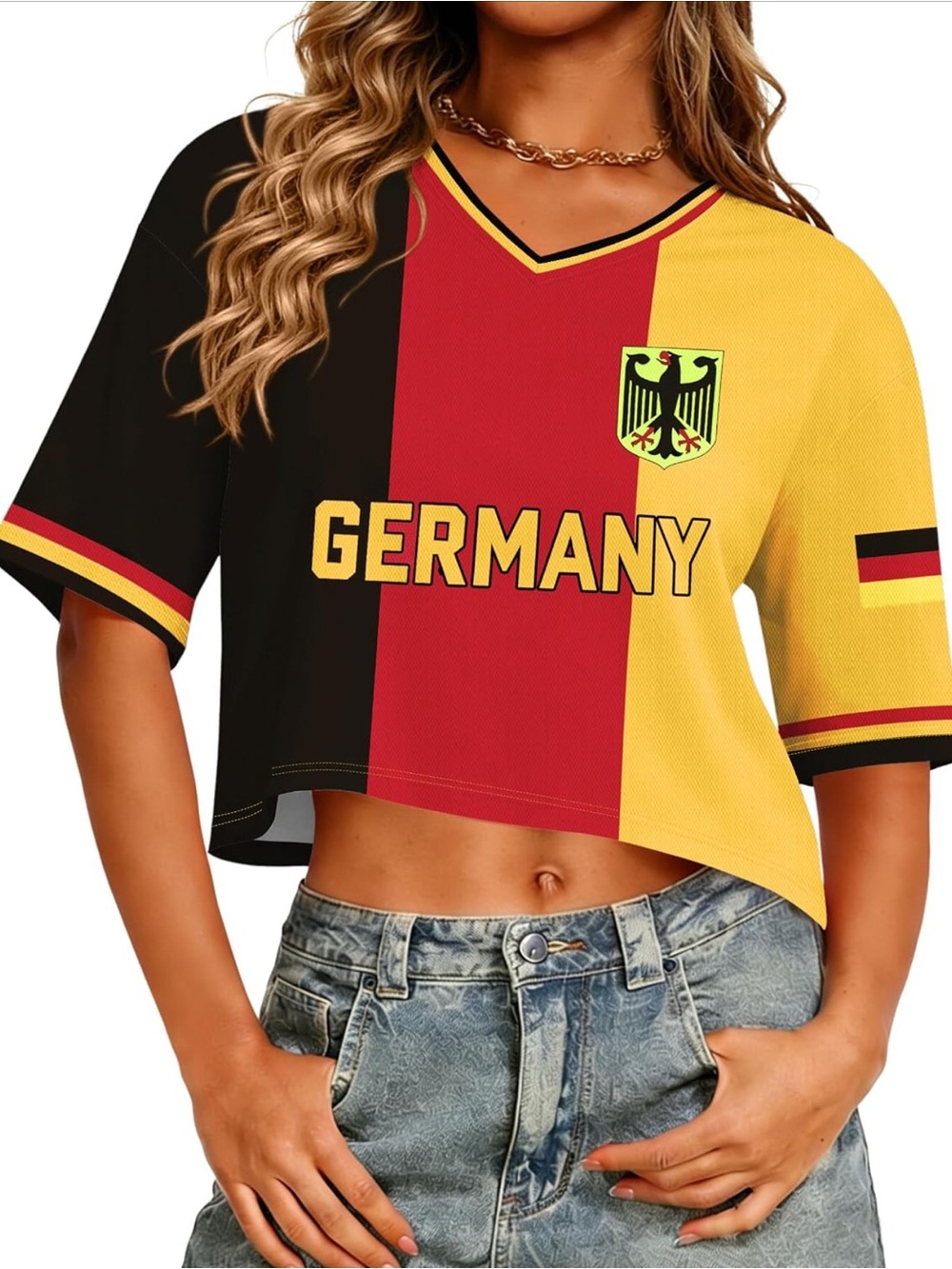 Women's Germany Flag Crop Top - Black Red Yellow V-Neck